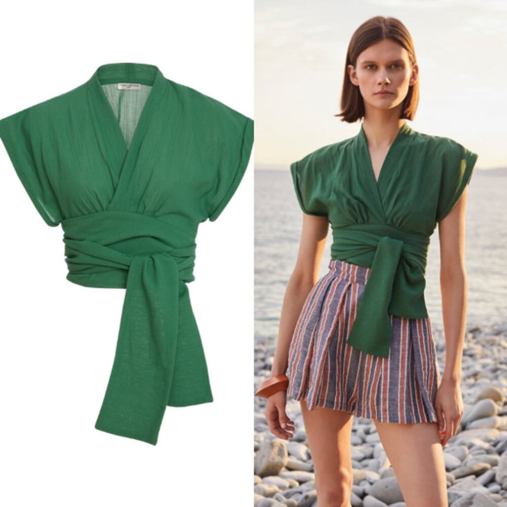 Three Graces London Serena Cotton Wrap Top‎ Sz 8 White Old Money Vacation